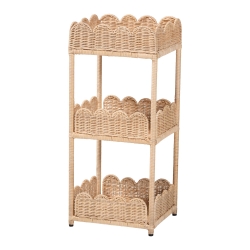 bali & pari Brooks Natural Rattan 3-Tier Storage Shelf - Handwoven Wicker Display Stand with Scalloped Borders, Coastal Boho Accent Furniture